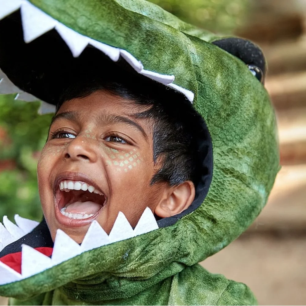 Pottery Barn Kids Green Plush Dino Costume with Light Up Blue Spikes